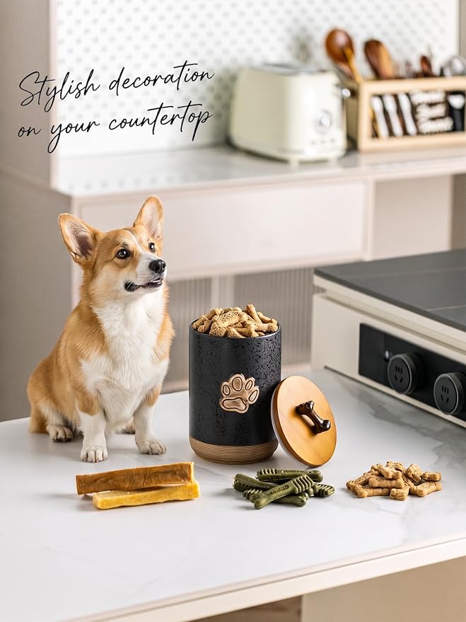 Miamolo Dog Treat Storage Container, Ceramic Dog Treat Jar with Airtight Lid, Puppy Treats Food Canister for Kitchen Counter Farmhouse Decor, Gift Doggie Snack Jar for Counter, Paw Glinting Black