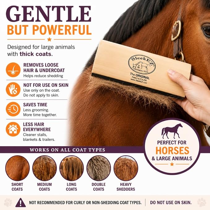 SleekEZ 10 Inch Horse Brush – Patented Horse Shedding Blade Made in USA - Removes Loose Hair & Undercoat - Deshedding Tool for Donkeys, Cows & Large Animals - Helps Reduce Seasonal Shedding