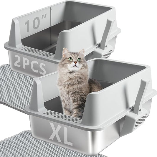 2PCS Stainless Steel Cat Litter Box with Lid Large to XL,Metal Litter Box High Sides for Big/Multiple Cats,Open Design,Indoor,1-Mat and 1-Scoop,Easy to Clean, No Odor,Anti-Urine Leakage