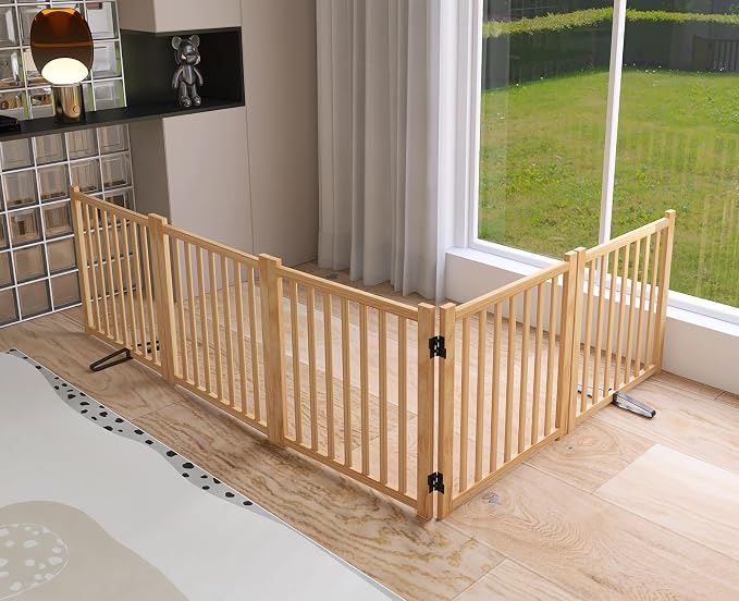 YOCAN Non-Painted Wooden Freestanding Dog Gates for The House, Doorways, Stairs,Wood Pet Fences Indoor Pet Gate,Step Over Fence-5 Panels L:115" H:23"