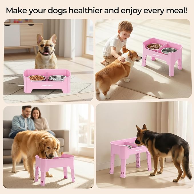 URPOWER Mess Proof Elevated Dog Bowls 4 Height Adjustable Raised Bowl Stand with 2 Stainless Steel Dog Bowls Non-Slip Food and Water Bowl Set for Small, Medium, Large Dogs, Pink