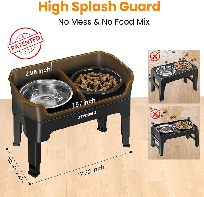 URPOWER 3-in-1 Elevated Dog Bowls - Mess Proof Double Deck 4 Height Adjustable Raised Stand with Stainless Steel Bowl & Slow Feeder & Licking Plate for Small, Medium & Large Dogs