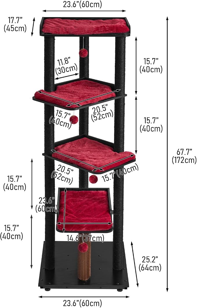 Heavy Duty Cat Tree, 67.7" Cat Tree for Indoor Cats Large Adult, Modern Cat Tower for Large Cats, Cat Tower with Scratching Post, Large Perch and Removable Pads,Black & Red