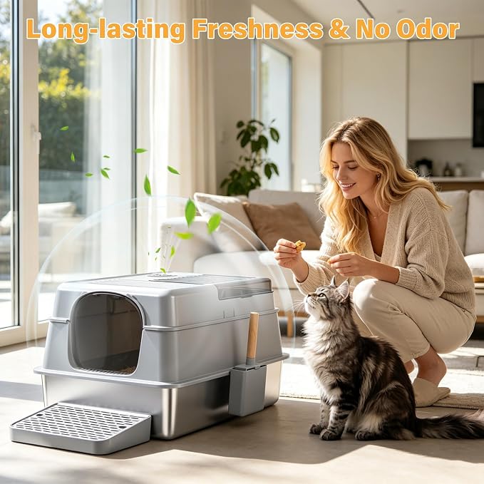 XXXL Stainless Steel Litter Box with Lid, Enclosed Metal Cat Litter Box | Extra Large Litter Boxes for Big Cat, Multiple Cats,Odor Control,Anti-Leakage, Includes Scoop & Pedal,27.75 x 19.75x 15.7