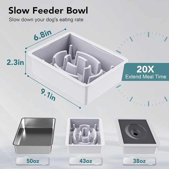 UPSKY 3-in-1 Elevated Dog Bowls Set with 4 Height Adjustable Stand, White | 304 Stainless Steel Bowl, No Spill Water Bowl, Slow Food Bowl, Anti-Slip, Dishwasher Safe, Suitable for Small Medium Dogs