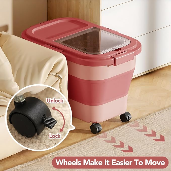 Summark 15 Lbs Dog/Cat Food Storage Container,Collapsible Food Storage Containers with Rolling Wheel Airtight Locking Lid,Pet Food Storage Container with Cup and Scoop,Pink