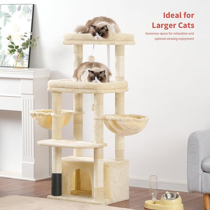Hey-brother Cat Tree Tower with Extra Large Platform, Big Condo, MPJ070M | 51.1 Inches Scratching Posts with 2 Cozy Hammocks, Self-Grooming Brush for Indoor Adult Cats, Maine Coon, Beige
