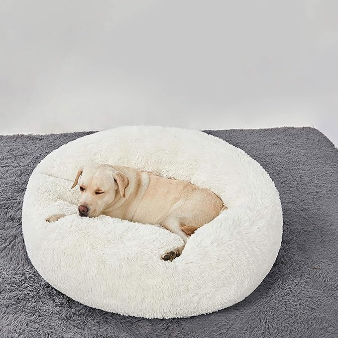 HACHIKITTY Calming Donut Cuddler Dog Bed, Round Fluffy Pet Bed for Large Dogs,Washable, Large, White, 30''