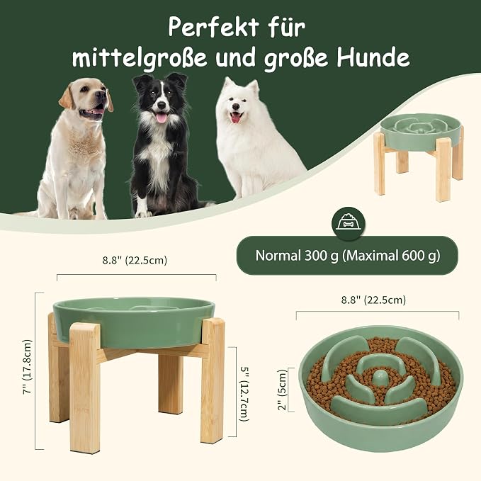 Elevated Slow Feeder Dog Bowl Large Breed, 8.8 Inch Ceramic Slow Eating Bowl with Bamboo Stand, Anti-Choking Raised Maze Design for Medium to Large Dogs, 3.2 Cup, Green
