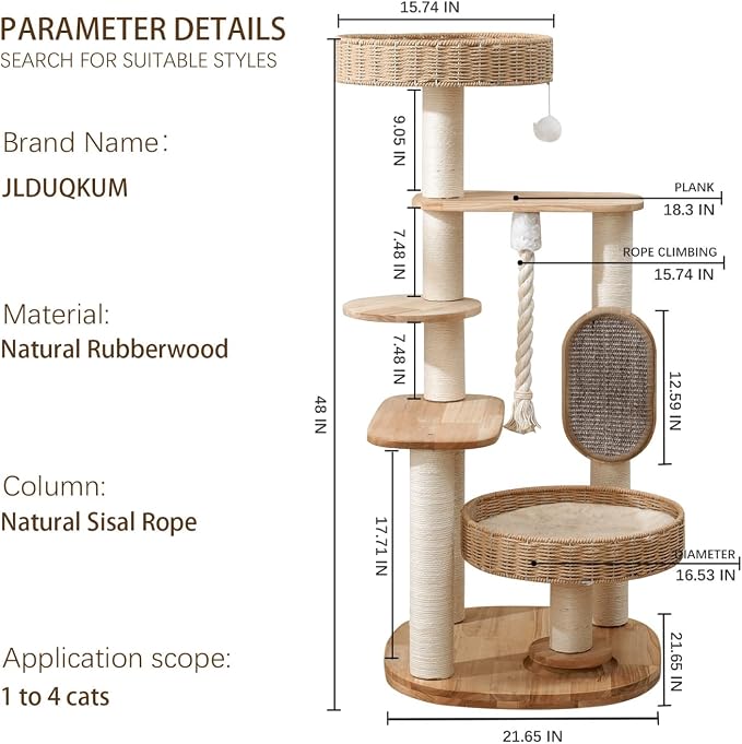 48in Natural Wood Cat Tree for Large Cats, Big Modern Cat Tower | Sturdy Cat Condo, Tall Modern Design, with Scratching Post and Hand-Woven Cat Basket, for Multi Adult Cats, Easy to Clean