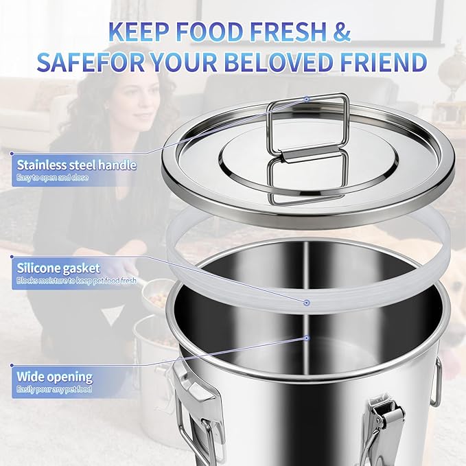 30 lb Stainless Steel Dog Food Storage Container, Airtight Metal Pet Food Storage Bin with Lid and Scoop, Large Dog Food Container for Dry Food, Keep Fresh, Easy to Clean