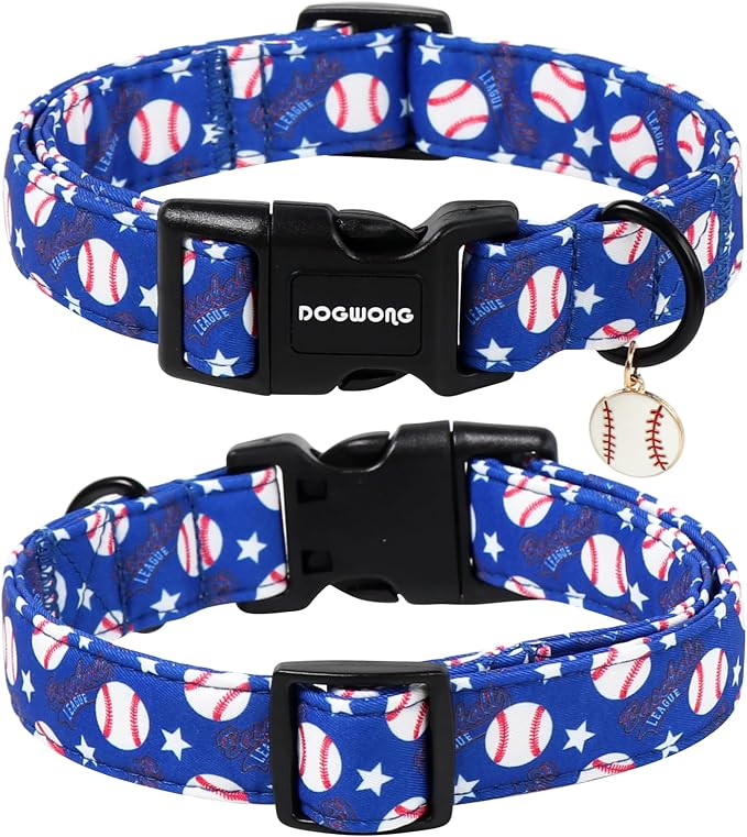 DOGWONG Baseball Dog Collar, Spring Summer Boy Dog Collar,Blue Patriotic Blue Baseball Boy Dogs Collars for Small Medium Dogs, Neck 11-16 inches