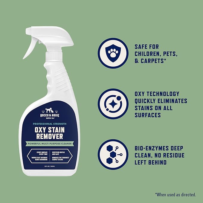Rocco & Roxie Oxy Stain Remover, Oxygen-Powered Carpet Spray | Activated oxygen technology; CRI Certified Safe; multi-purpose for carpet, upholstery, laundry & mattresses; non-aerosol