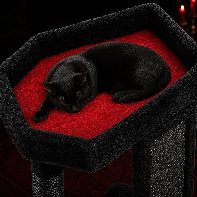 Gothic Cat Tree Tower with Coffin Cat Bed for Indoor Cats, Halloween Spooky Cat Scratcher,Goth Cat Tree with Sisal Scratchig Post and Spider Dangling Toys,Black with Red