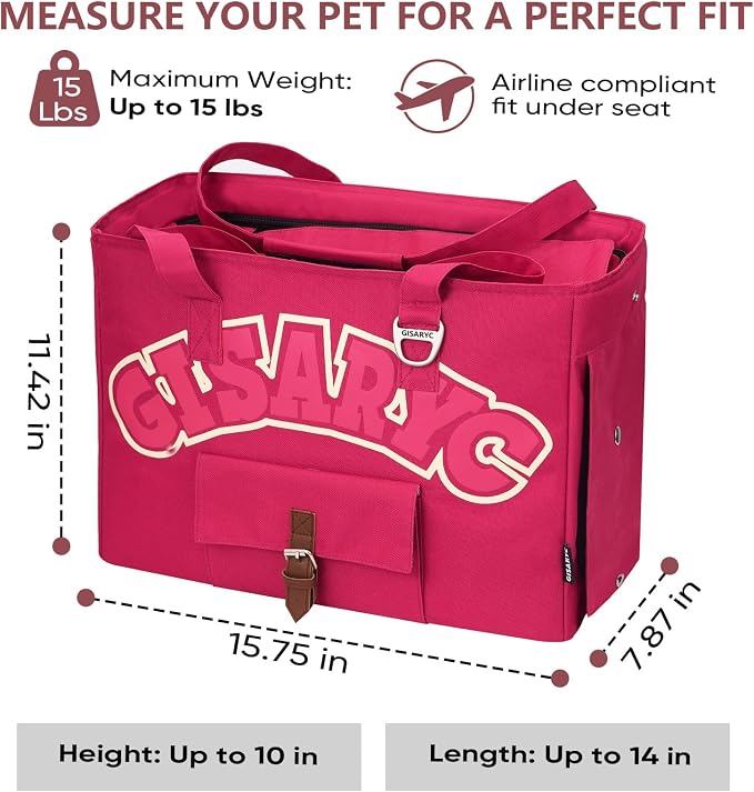 Dog Purse Carrier for Small Dogs, Cats and Puppies – Soft-Sided Foldable Pet Travel Bag with Multi Pockets, 3-Sided Mesh & Rollable Cover for Nervous Cats, Fits Pets up to 15 lbs (Berry Red)