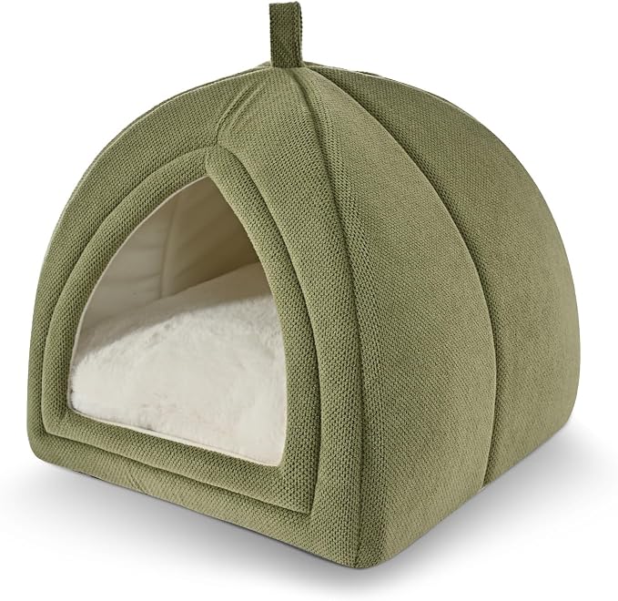 Amazon Basics Cat Cave Bed, 2-in-1 Foldable House for Indoor Cats, with Washable Cushion and Non-Slip Base, 15 x 15 Inches, Small, Green