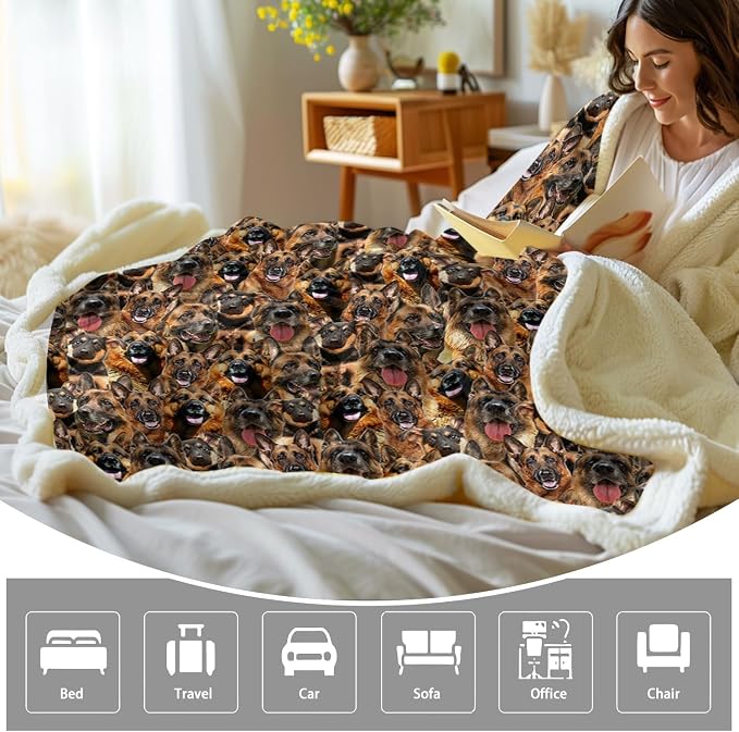 BlessLiving Fuzzy Dogs Blanket for Kids Adults Cute Puppy Fleece Blanket Reversible Animal Pattern Sherpa Throw (German Shepherd Dog,Throw, 50 x 60 Inches)