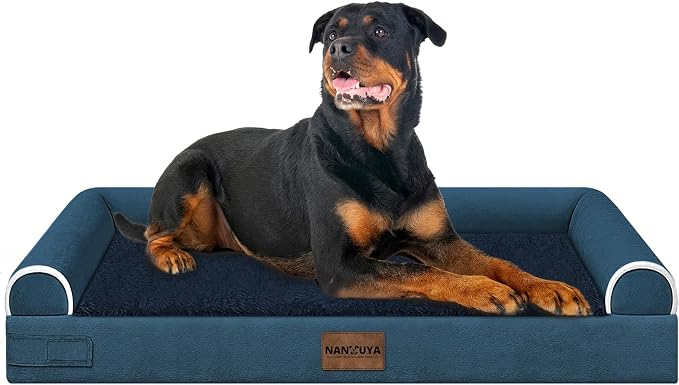NANUYA Orthopedic Dog Bed for XX-Large Dogs, 44 x 34 Inch, Navy Blue | Egg crate foam for joint support, 3-sided bolster pet sofa, waterproof lining, washable cover, and non-skid base