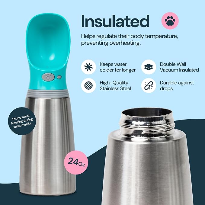 MalsiPree Insulated Dog Water Bottle - 24 oz Blue, Stainless Steel | 24oz insulated steel bottle & bowl - leak-proof - Use for dog travel, hiking, park & beach days