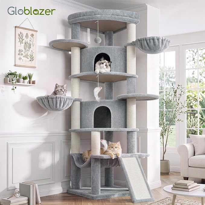 Globlazer 73in Corner Stable Cat Tree for Indoor Cats, C73, Light Grey | Space-Saving Multi-Level Climbing Tower, Large Fan-Shaped Condos & Top Perch, 8 Full-Sisal Posts & Board, Metal Baskets