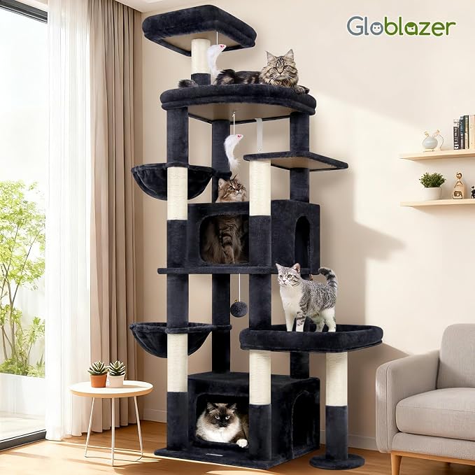 Globlazer 75in Sturdy Cat Tree Tower for Indoor Large Cats, S75, Dark Grey | Multi-Level Heavy Duty Cat Tower with Scratching Post, Oversized Condos & Perches for Big Cats, Large Baskets, Enlarged Base