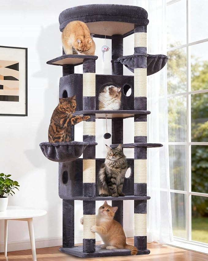 Taoqimiao Heavy Duty Cat Tree, 73In Sturdy Cat Tower for Large Cats 25lbs+ | 2 Widen Condos, Enlarged Sleeping Platform, 9 Scratching Posts, 2 Cozy Baskets, Cat Toys, Smoky Gray, F30G