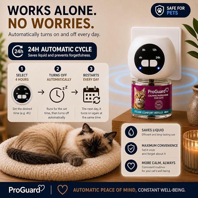 ProGuard® Cat Calming Diffuser Kit with Timer – Advanced Support to Reduce Stress, Spraying, Scratching, Fighting and Hiding – Cat Pheromone Diffuser 9-in-1 with 3 Diffusers with Timer + 6 Refills