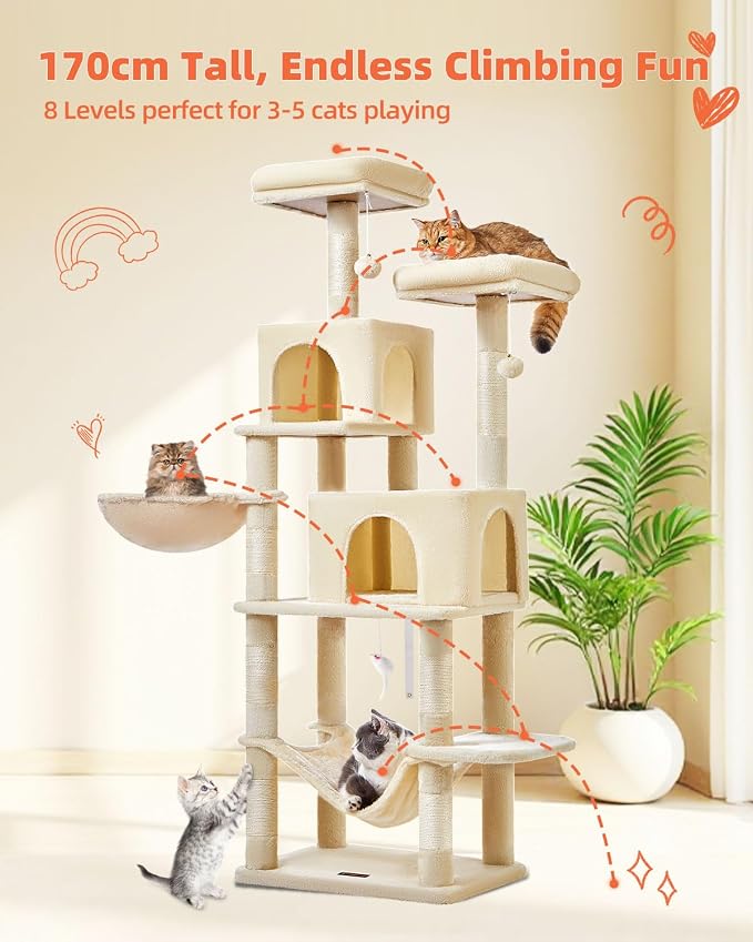 Taoqimiao Cat Tree, 67 in Tall Cat Tower with 2 Plush Cat Condos | 7 Scratching Posts, 2 Top Perches, Cozy Hammock & Basket, Indoor Cats, 2 Pompoms & Mouse Toy, Beige, MS013M