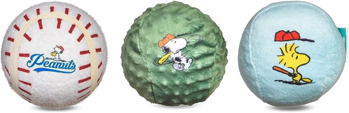 Peanuts for Pets Snoopy the Athlete Multi-Material Dog Ball Toy, 3-Pack - Squeaky, Interactive Dog Toys with Multiple Textures, Perfect for Fetch and Chew - Featuring Snoopy and Woodstock Designs