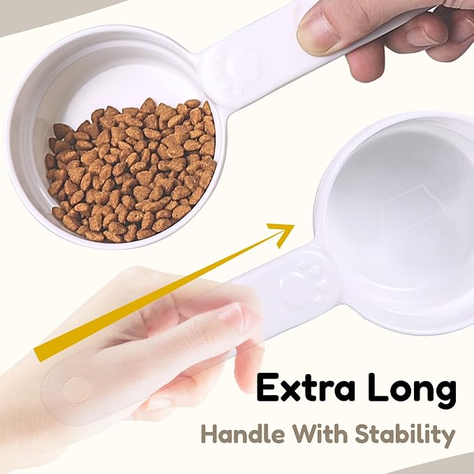 1/2 Cup Dog Food Scoop, Extra Long Handle Sturdy Melamine Pet Food Measuring Scoop with Clear Marking Lines, BPA-Free, Shatterproof, Dishwasher Safe (White, 1/2 Cup)