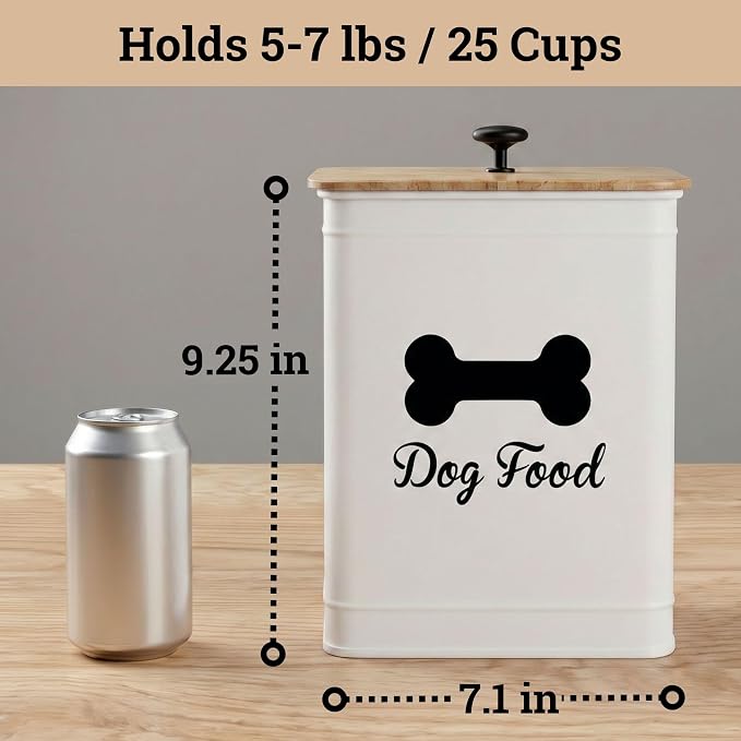 Dog Food Container Airtight Bamboo Lid 5-7 lb, 25 Cups, Sturdy Metal Handle | Pet Jar For Dogs up to 50lbs, Airtight Bamboo Lid, Sturdy Comfortable Metal Handle, Powder Coated Iron, Kibble Storage Bin