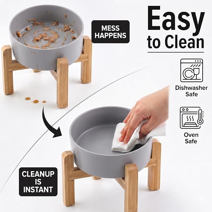 hjn Elevated Ceramic Dog Bowl 15°Slanted Raised Dog Bowl with Bamboo Stand for Small Medium Dogs and Cats, Pet Feeder -7.6-Cup (1800ml)-Gray