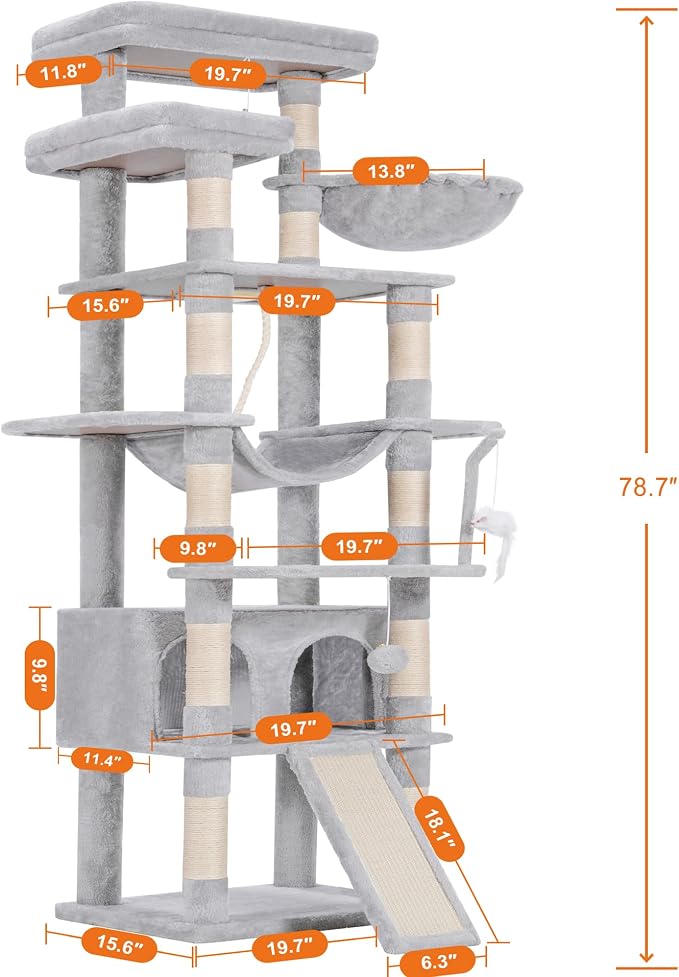 Heybly Tall Cat Tree 78-inch Multi-Level Cat Tower for Indoor Cats HCT033W | Cat Condo with 2 Widened Plush Perches, Multi-Level Cat Furniture with Scratching Board, Big Caves, Light Gray
