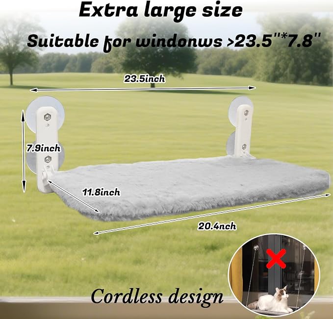 2 PCS Window Cat Bed (Medium 20.4''×11.8'') - Machine Washable Cover, 4 Large Suction Cups, Solid Metal Frame - Cordless Foldable Cat Window Hammock for Indoor Cats (2×Grey)