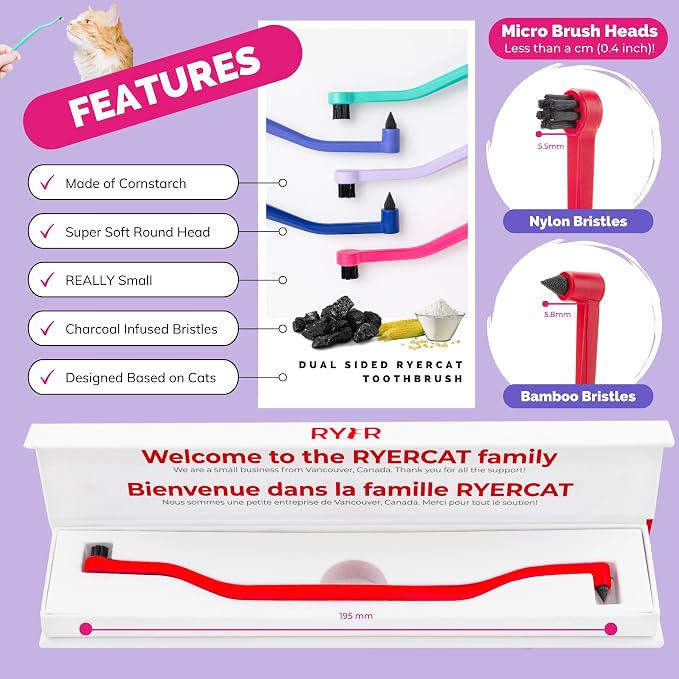 RYERCAT Dual Sided Cat Toothbrush - Kitten Toothbrush with Micro Head (Very Small) for Custom fit - Cat Dental Care Supplies - Pet Toothbrush for Cats (Candy Cane)