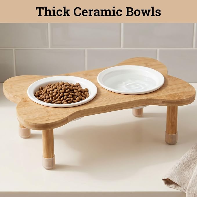 Elevated Dog Bowls for Small Dogs, Set of 2 Ceramic Dog Bowls with Stand | Screw-in Bamboo Legs, Pre-Drilled Holes, Anti-Slip Bamboo Stand, Easy to Assemble, Set of 2 Dog Bowls for Dogs up to 20 lbs