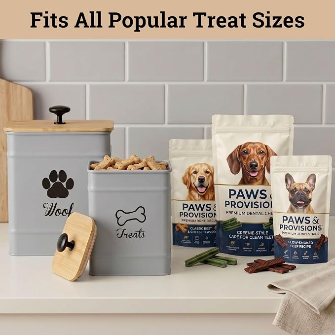 Dog Treat Container Set of 2 with Airtight Bamboo Lids - 8x6 & 7x5 inch | Fits All Popular Treats, Up to 20 Cups Combined Capacity, Airtight Bamboo Lid, Easy Open Lid, Dent-Resistant Durable Metal