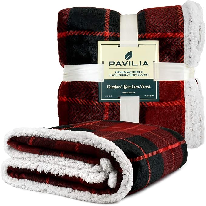 Pavilia Waterproof Blanket for Couch & Sofa | Large Dog & Cat Protector | Plush Soft Sherpa Blanket, Plaid Red, 60x80