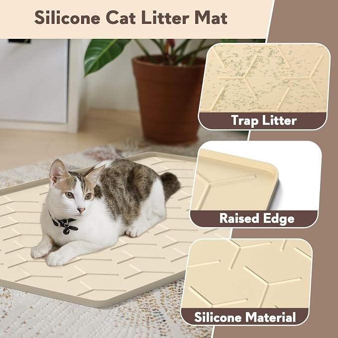 Silicone Cat Litter Mat Large 40" X 28", Easy to Clean, Beige | Large Size Waterproof Silicone Mat with Raised Edges, Catch Litter, Protect Floor from Urine, Multi-Use for Dog/Sink/Kitchen