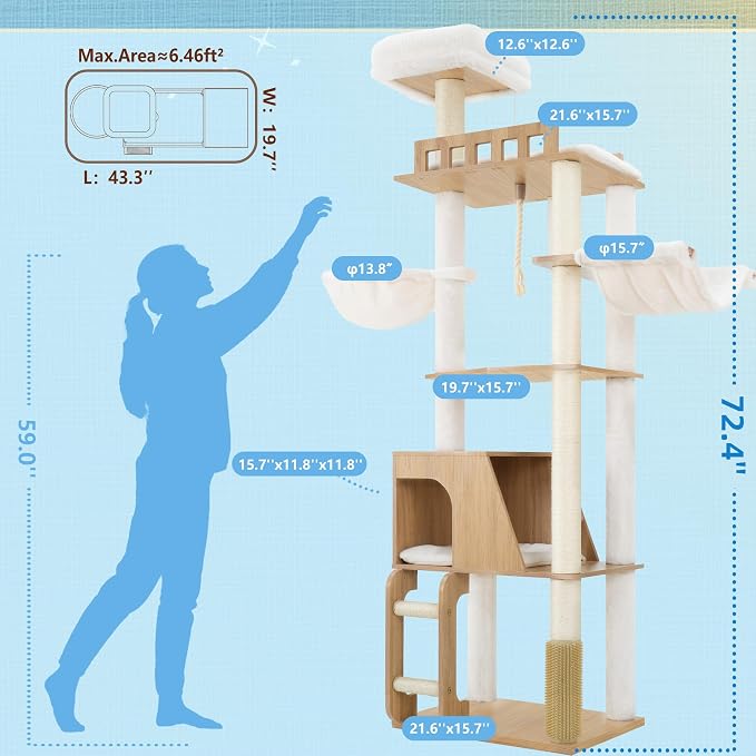 Hey-brother Wooden Cat Tree, Furniture Tower with Large Platforms, MPJ121BT | 69.7 inch, Modern Full Sisal Scratching Posts, Hammocks, Spacious Condo, Ladder, Brush, Water Proof Surface, White Oak