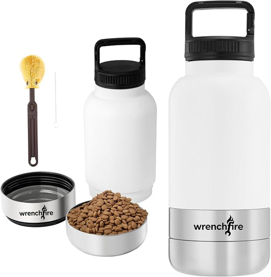 32 oz Instulated Stainless Steel Dog Water Bottle with 2 Detachable Bowls,Portable Cat Travel Dispenser with Brush for Walking Hiking Camping,White