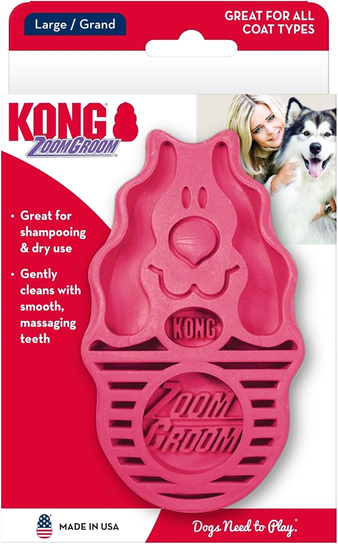 KONG - ZoomGroom - Dog Brush for Grooming and Shampooing - Red Brush for Large Dogs