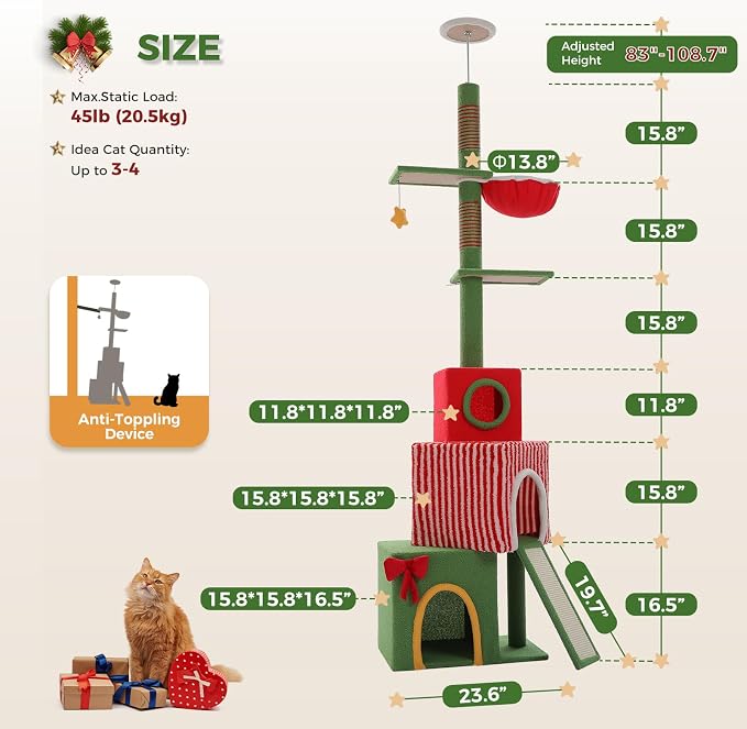 PEQULTI 83-108'' Floor to Ceiling Cat Tree for Large Adult Cats, Christmas Cat Tower with Adjustable Height with 3 Large Condos, Plush Hammock, Thick Scratching Posts, Red/Green