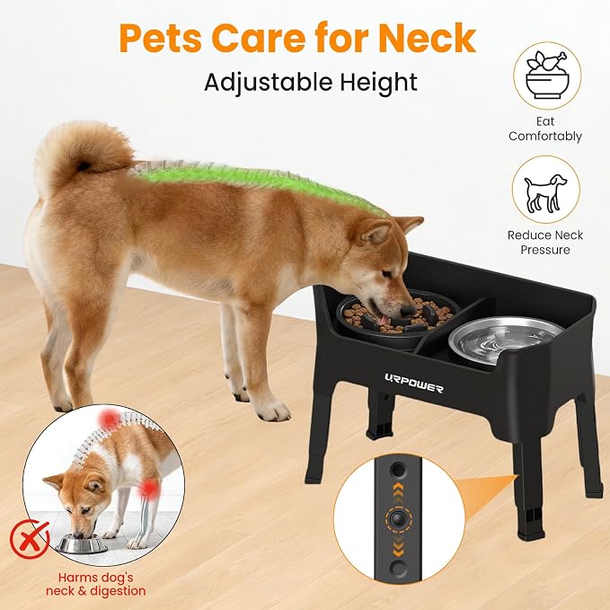 URPOWER 3-in-1 Elevated Dog Bowls - Mess Proof Double Deck 4 Height Adjustable Raised Stand with 2 Stainless Steel Food Bowls & 1 Slow Feeder for Small Dogs