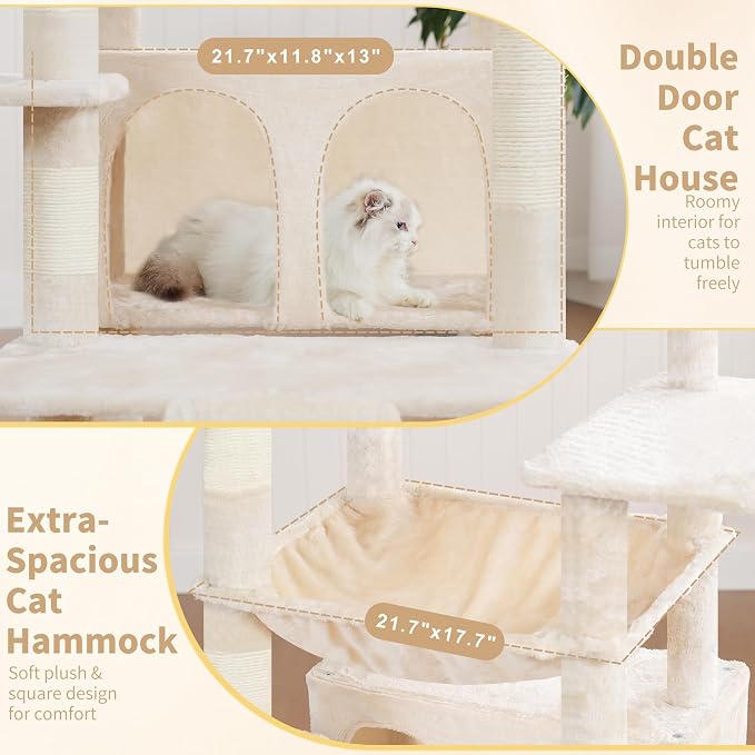 Heybly Tall Cat Tree for Large Cat, 80-inch Multi-Level Cat Tower HCT038M | Condo Furniture for Indoor Cats with Large Baseboard, 2 Widened Plush Perches, Scratching Board, Big Caves, Beige