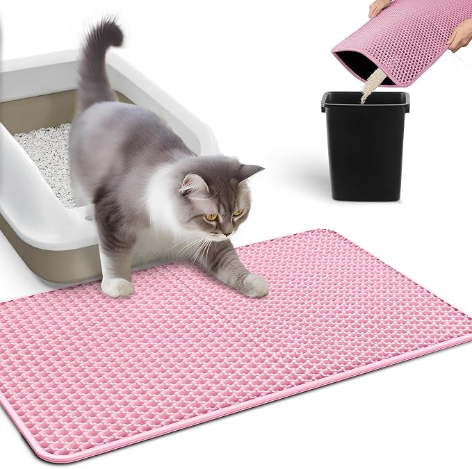 Powools Cat Litter Mat, 23.2 x 14.6 in, Waterproof, Non-Slip, Pink | Litter Trapping Mat, Easy to Clean, Litter Box Mat, Urine-Proof, Cat Toilet Training Systems Accessories, Indoor Cats