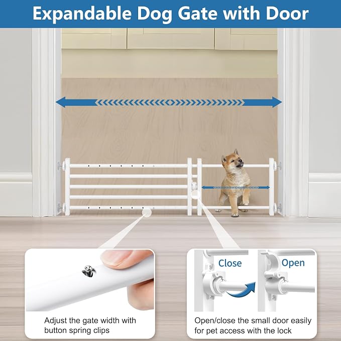 Malier Dog Gate with a Small Door, Extra Wide All Metal Short Dog Gate Pet Gate for Stairs, 10'' Tall Pressure Mount Easy Step Over Puppy Gate Low Gate for Doorways