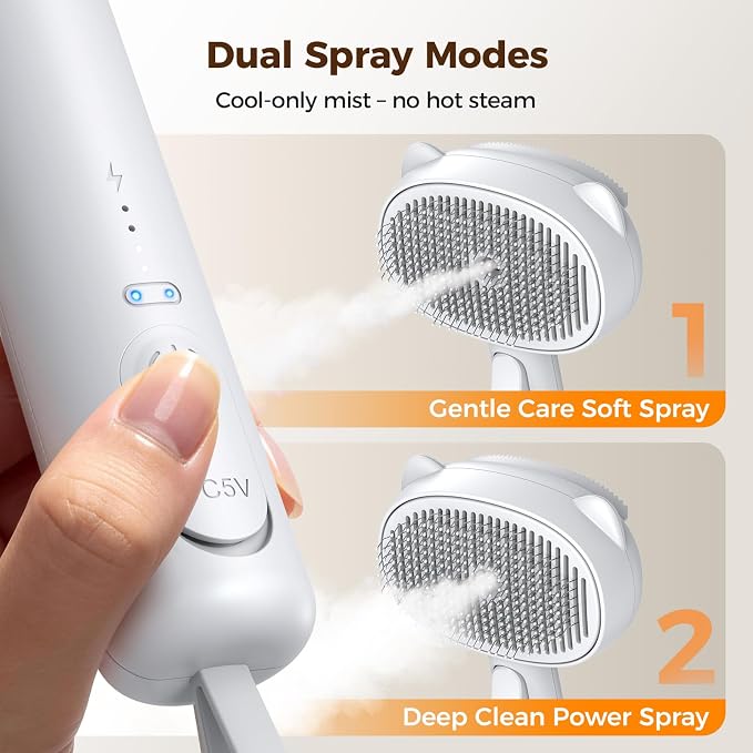 Self Cleaning Shedding Steam Cat Brush, Silicone Scraper Included | Dog Brush, primecat, Cat Brushes for Shedding, USB Rechargeable, for Grooming & Haired Pets, Dogs & Cats, White