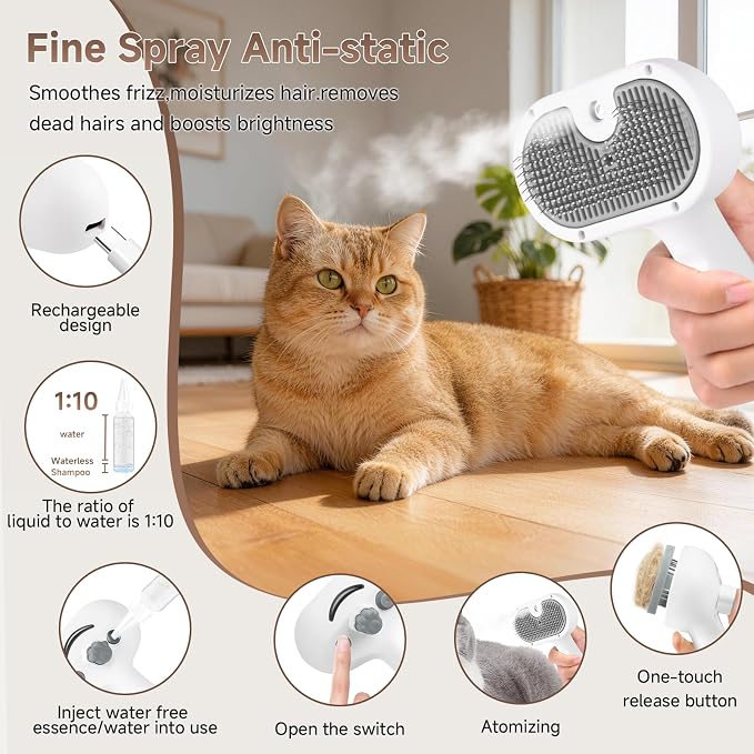 Pet Steam Brush for Dog & Cat - 3-in-1 Steam Grooming Brush for Shedding & Hair Removal - Pet comb leave-inserum with Mist for Long Haired Pets - Includes 2*Waterless Shampoo, Grey