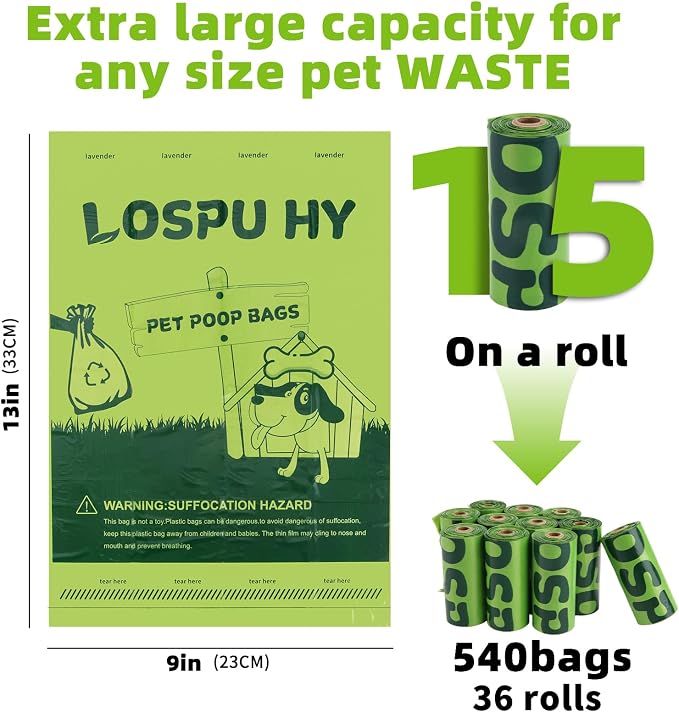 Dog Poop Bags Rolls, 540 Count Extra Thick Tear Resistant Poop Bags for Dogs, Leak Proof Pet Waste Bag for Outdoor Doggie Walking and Cat Litters Cleaning